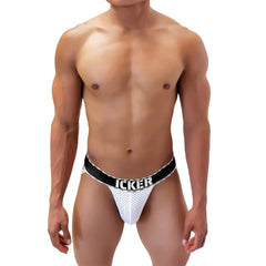 White mesh athletic brief with black elastic waistband featuring icker branding in bold white letters for activewear