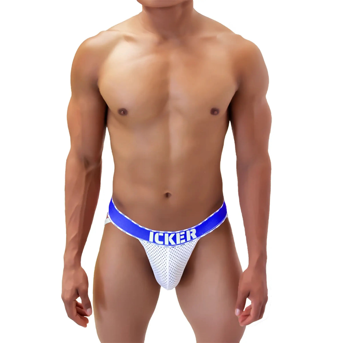 White mesh briefs with bold blue icker waistband in icker sea mesh contrast jock strap underwear dark blue coi-21-06
