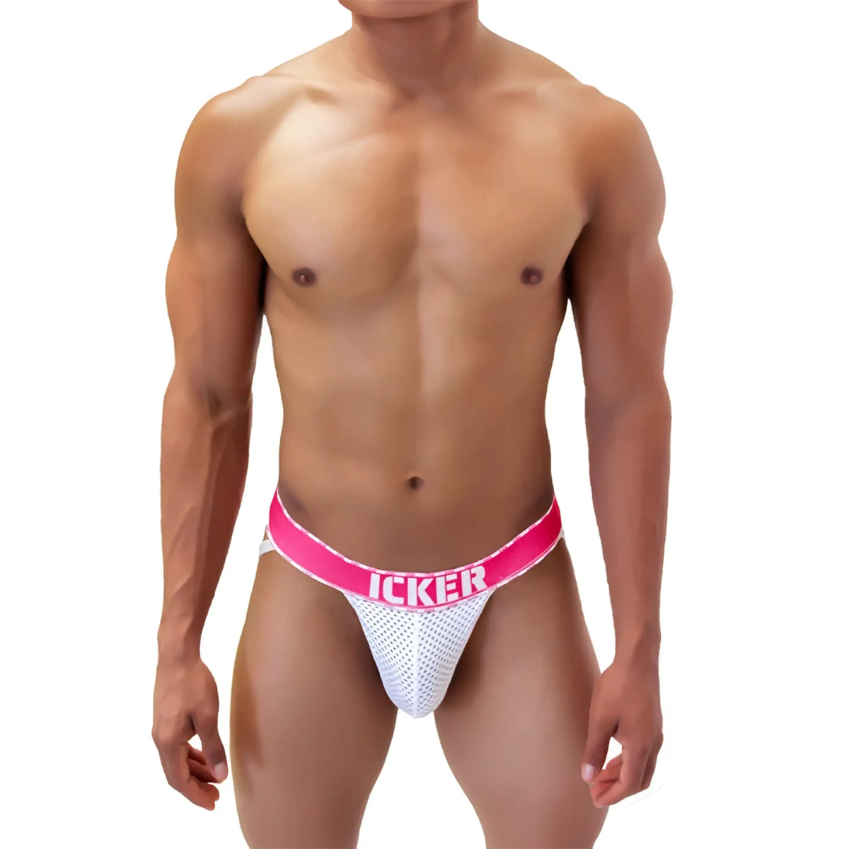 White mesh icker sea mesh contrast jock strap underwear with bright pink waistband in fuchsia color