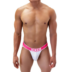 White mesh icker sea mesh contrast jock strap underwear with bright pink waistband in fuchsia color