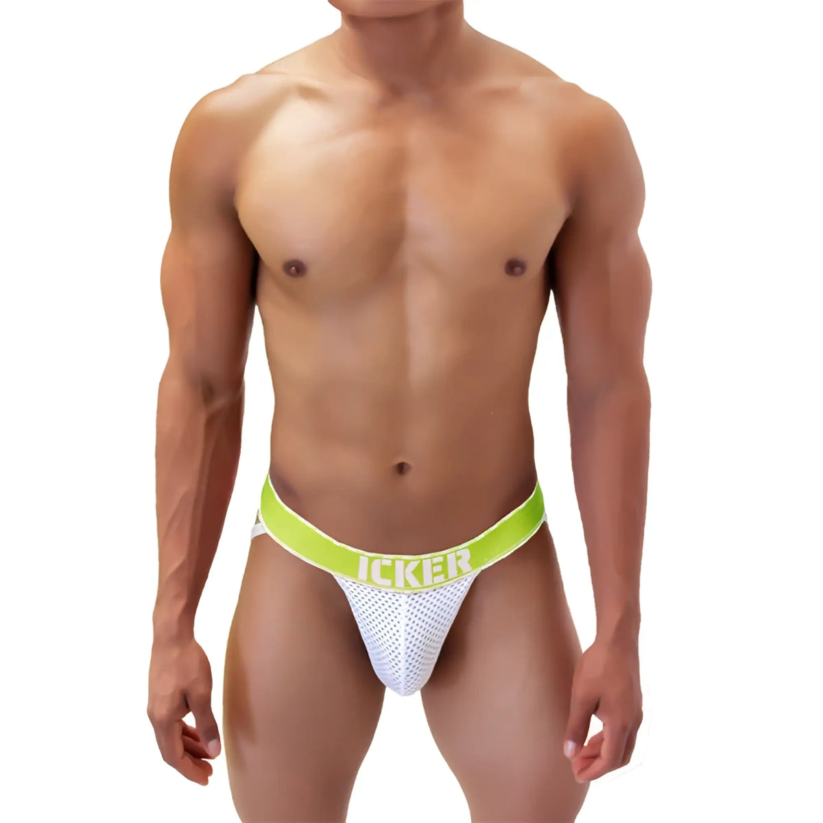 White mesh jockstrap with lime green waistband and icker branding from icker sea mesh contrast jock strap underwear