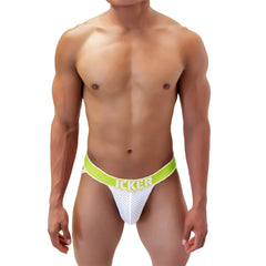 White mesh jockstrap with lime green waistband and icker branding from icker sea mesh contrast jock strap underwear