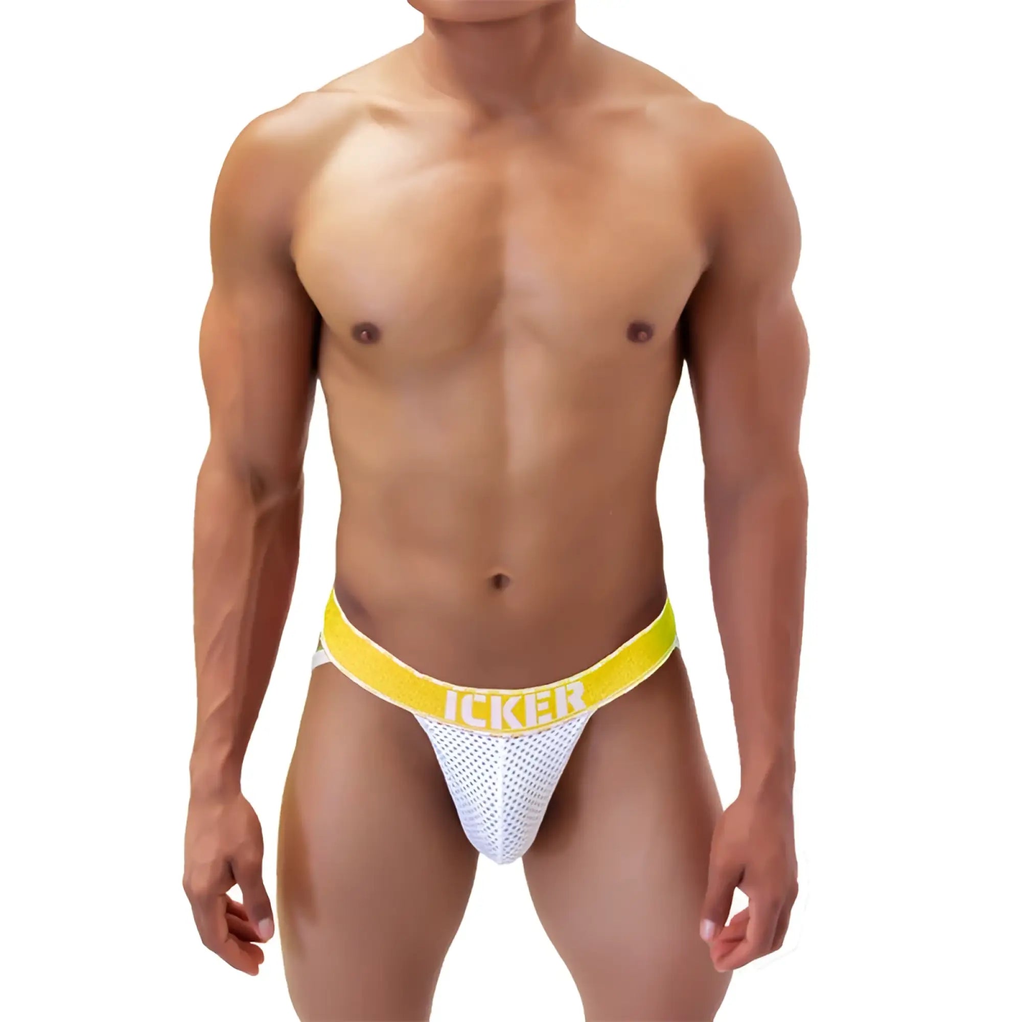 White mesh jockstrap with bright yellow waistband featuring icker brand name in bold white letters mango coI 21 06
