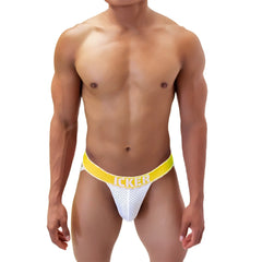 White mesh jockstrap with bright yellow waistband featuring icker brand name in bold white letters mango coI 21 06