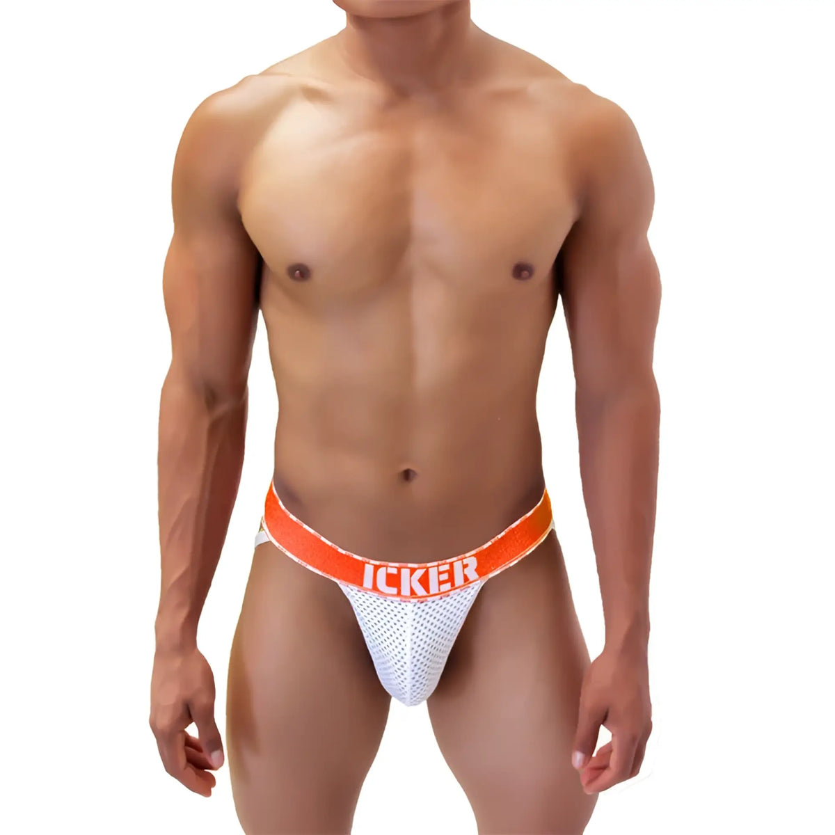 White mesh athletic brief with bold orange waistband featuring icker brand name from icker sea mesh contrast jock strap underwear