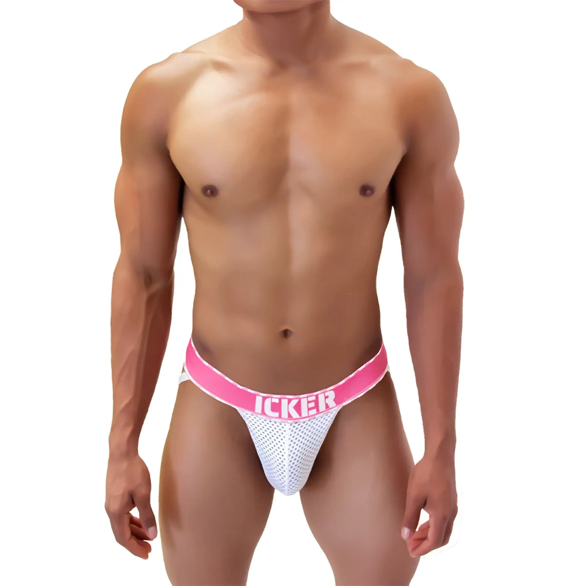 Icker Sea mesh contrast jock strap underwear in white mesh with bright pink waistband and bold white Icker branding