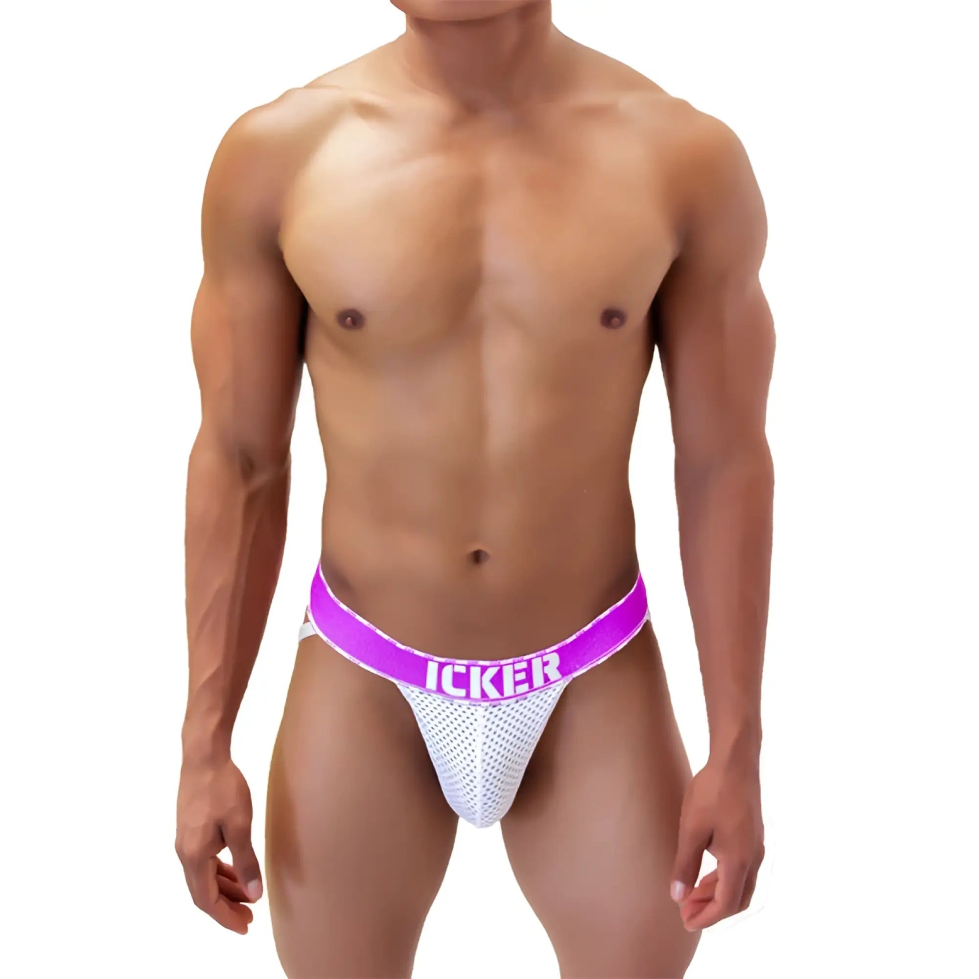 White mesh icker sea mesh contrast jock strap underwear with purple waistband and bold white icker branding