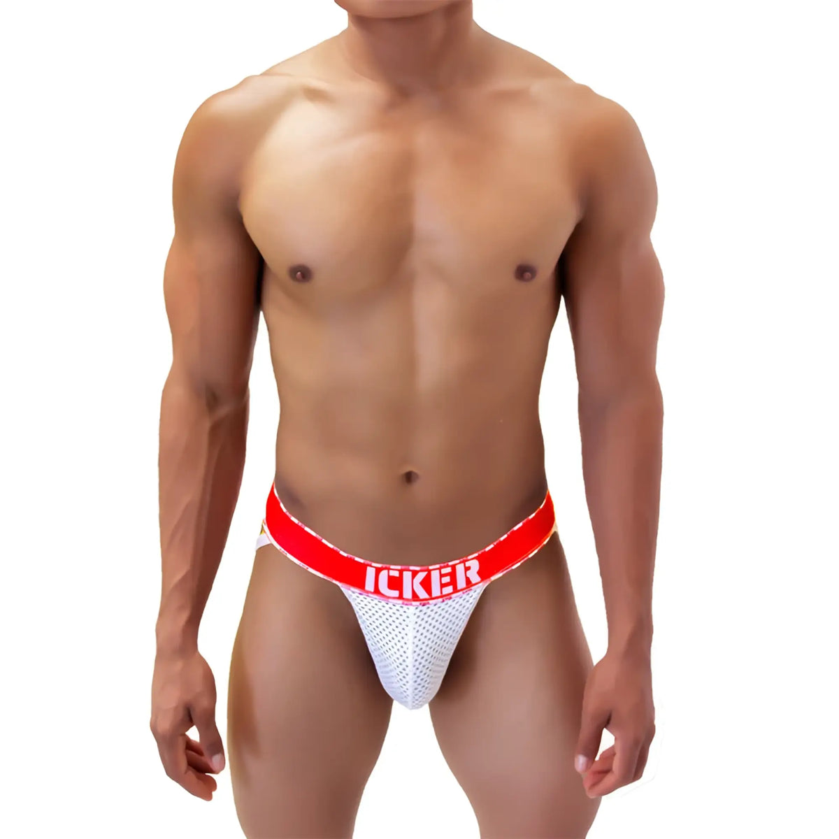 White mesh athletic brief with bold red waistband featuring icker brand name from icker sea mesh contrast jock strap underwear