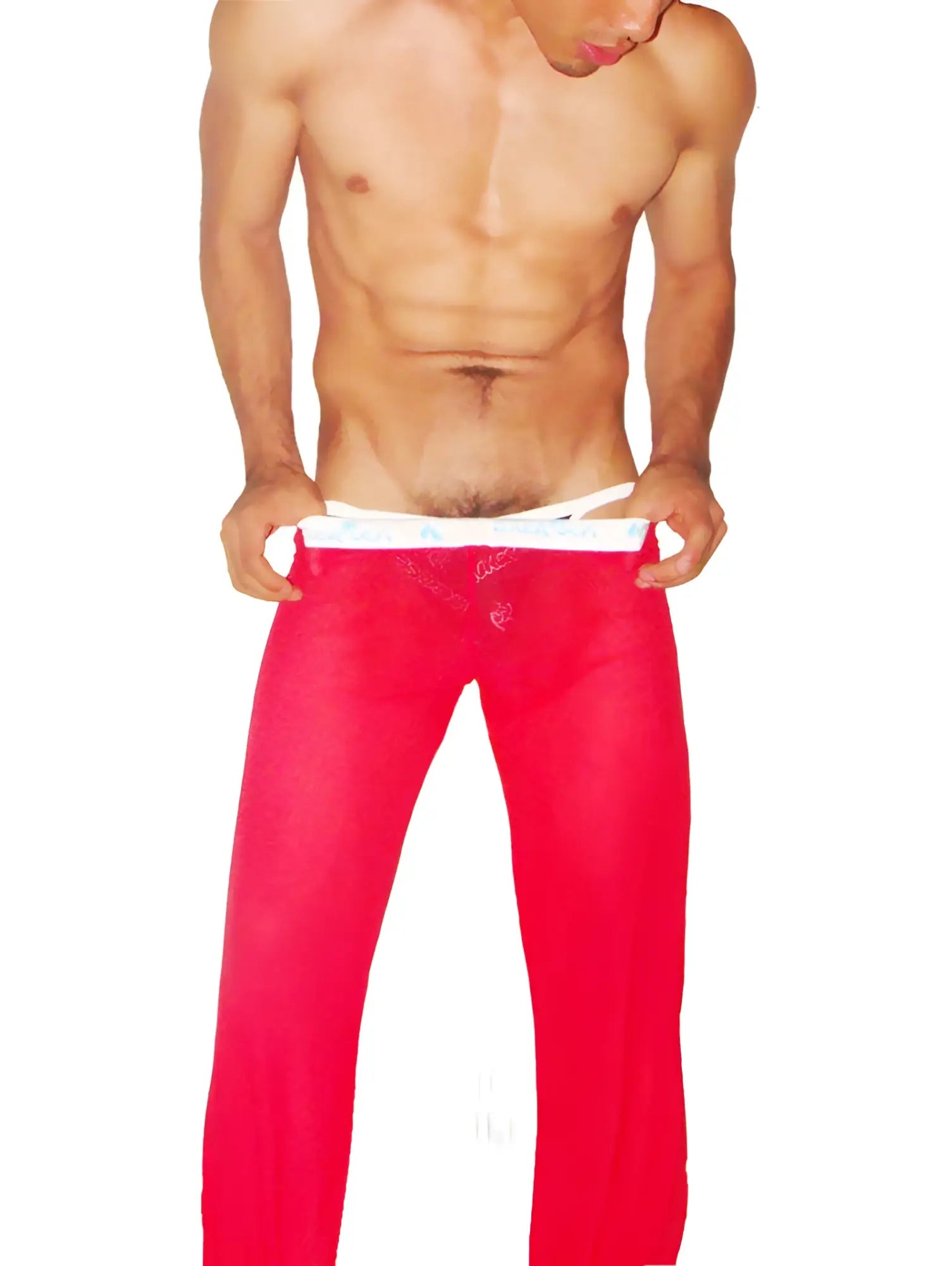 Icker Sea mesh lougewear pants red PN-14-SBR-01 sheer bright red fabric with white waistband front view