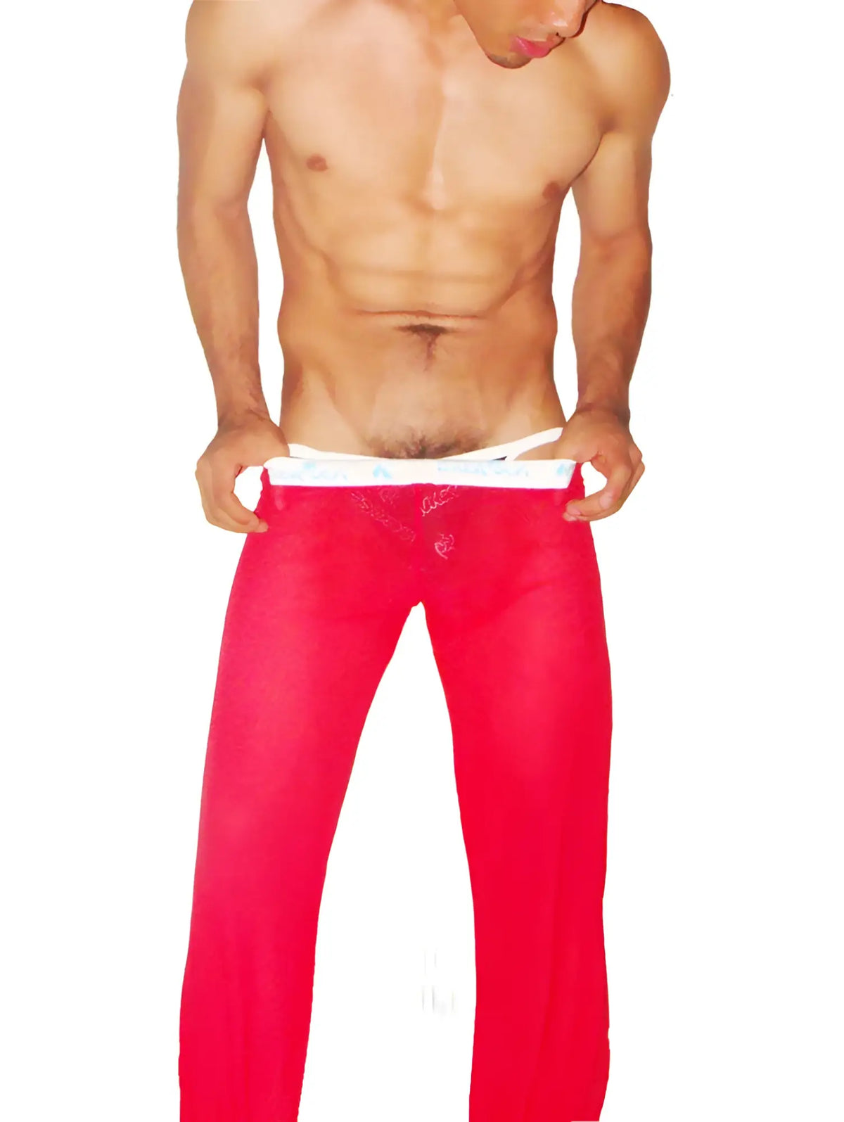 Icker Sea mesh lougewear pants red PN-14-SBR-01 sheer bright red fabric with white waistband front view