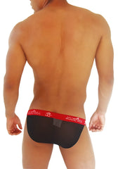 Black mesh microslip bikini briefs with red waistband and white jacketeer branding from icker sea collection