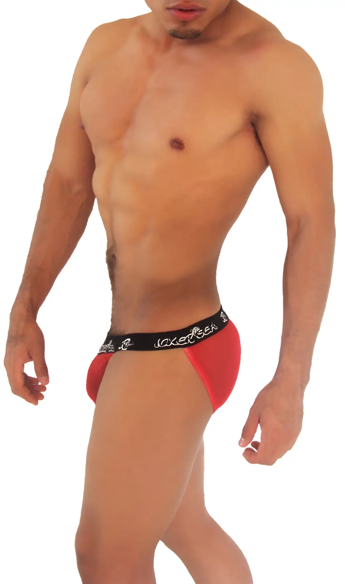 Icker sea mesh microslip bikini underwear in red with black waistband and white lettering and decorative patterns
