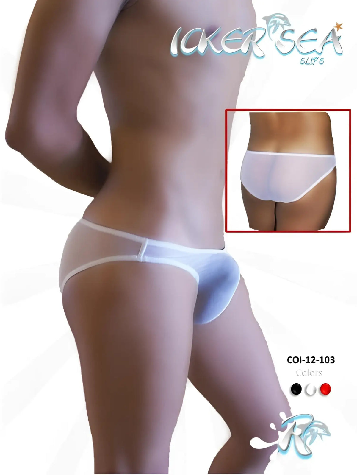 Icker Sea mesh slip bikini underwear in white with white waistband and light blue accent sheer mesh briefs