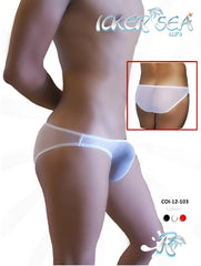 Icker Sea mesh slip bikini underwear in white with white waistband and light blue accent sheer mesh briefs