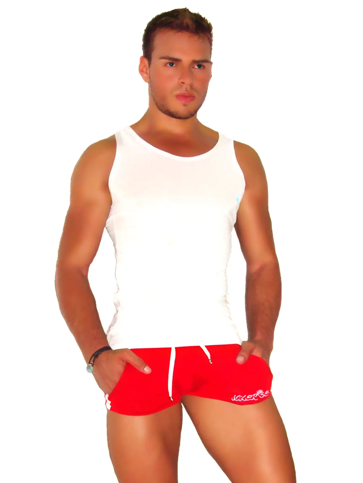 Red athletic shorts with white drawstrings and subtle side logo paired with icker sea mesh tank top white ts-14-msw-01