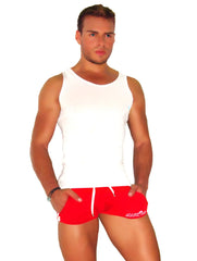 Red athletic shorts with white drawstrings and subtle side logo paired with icker sea mesh tank top white ts-14-msw-01