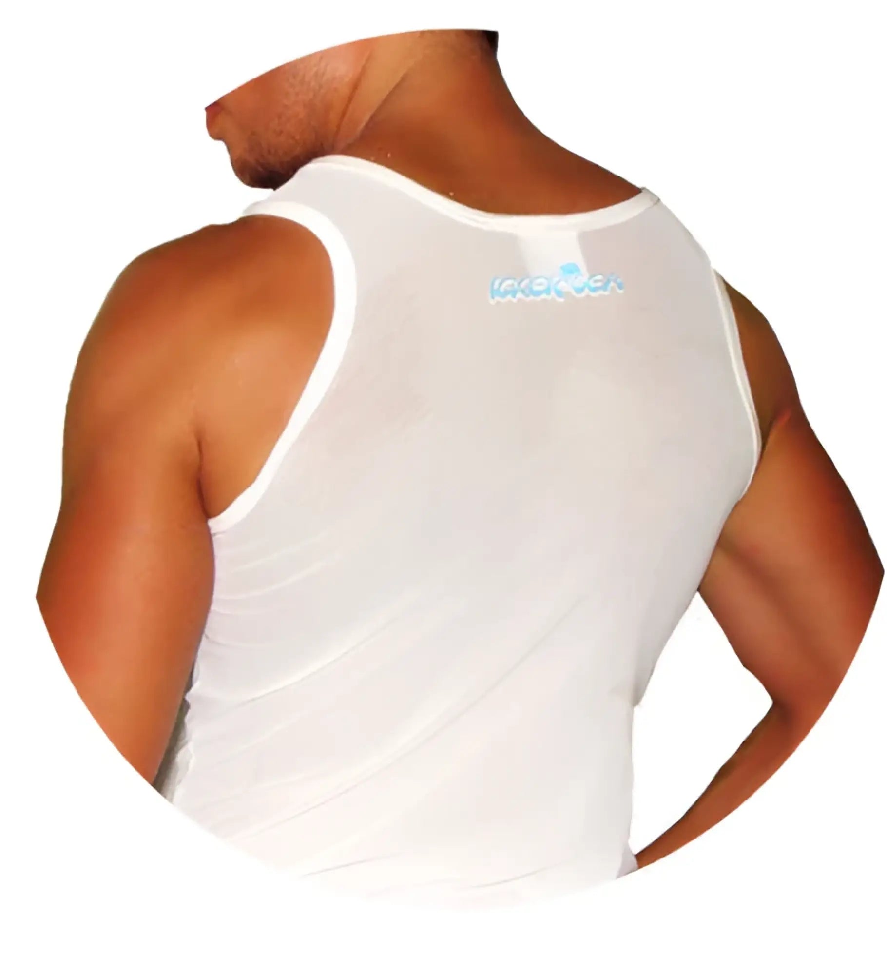 White icker sea mesh tank top t shirt back view showing subtle blue logo on breathable white mesh fabric