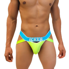 Bright neon green and blue icker sea peephole jock thong underwear with bold athletic cut for active wear