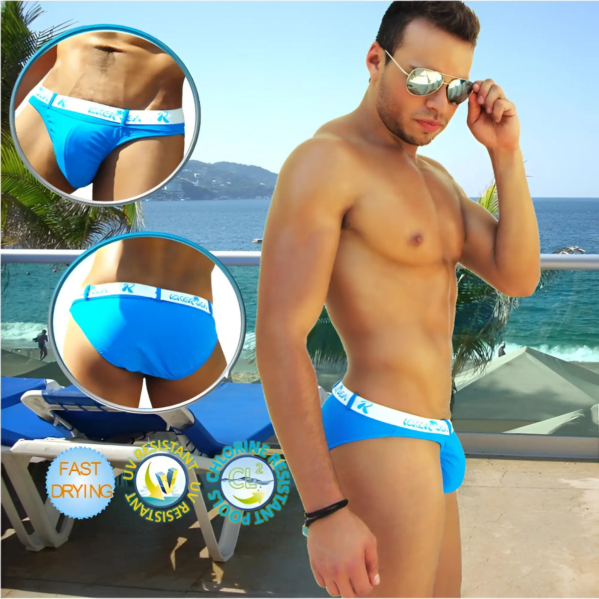 Bright blue icker sea sailor belted logo slip bikini swimwear with white elastic waistband and brand logo