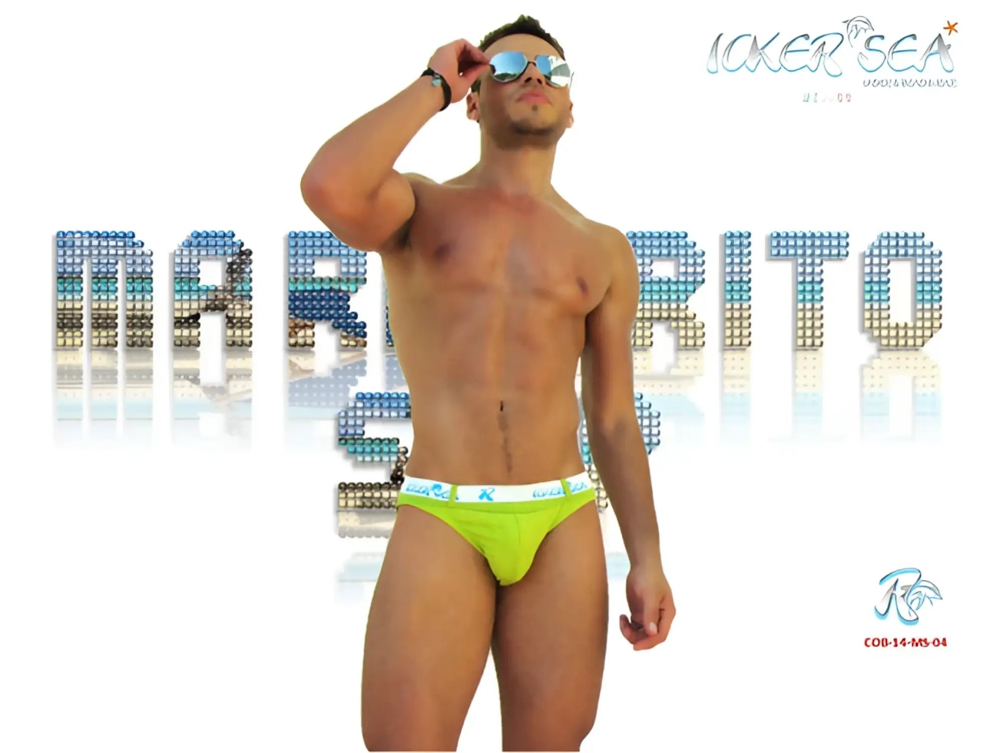 Bright neon green icker sea sailor belted logo slip bikini swimwear trunks with white elastic waistband and subtle logo pattern