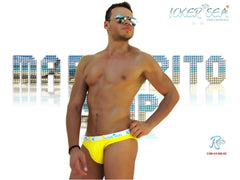 Bright yellow icker sea sailor belted logo slip bikini swimwear with white waistband for swimming and beachwear