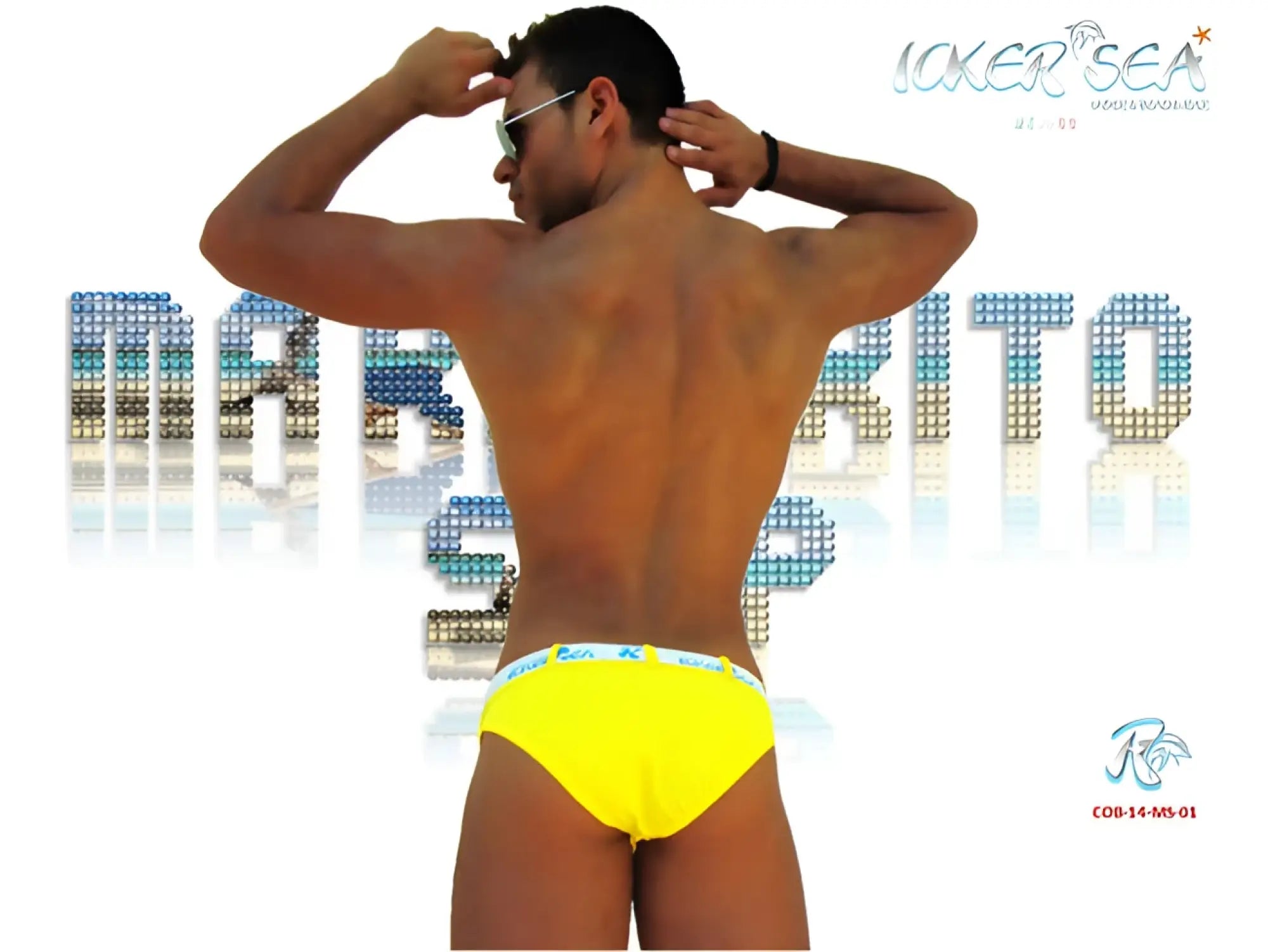 Bright yellow icker sea sailor belted logo slip bikini swimwear with white elastic waistband and blue black text