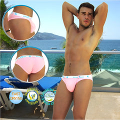 Pink men’s briefs with white elastic waistband featuring repeating k logo from icker sea sailor swimwear collection