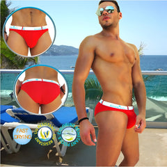 Red men’s swim trunks with white elastic waistband featuring kensington logo from icker sea sailorr belt slip bikini swimwear
