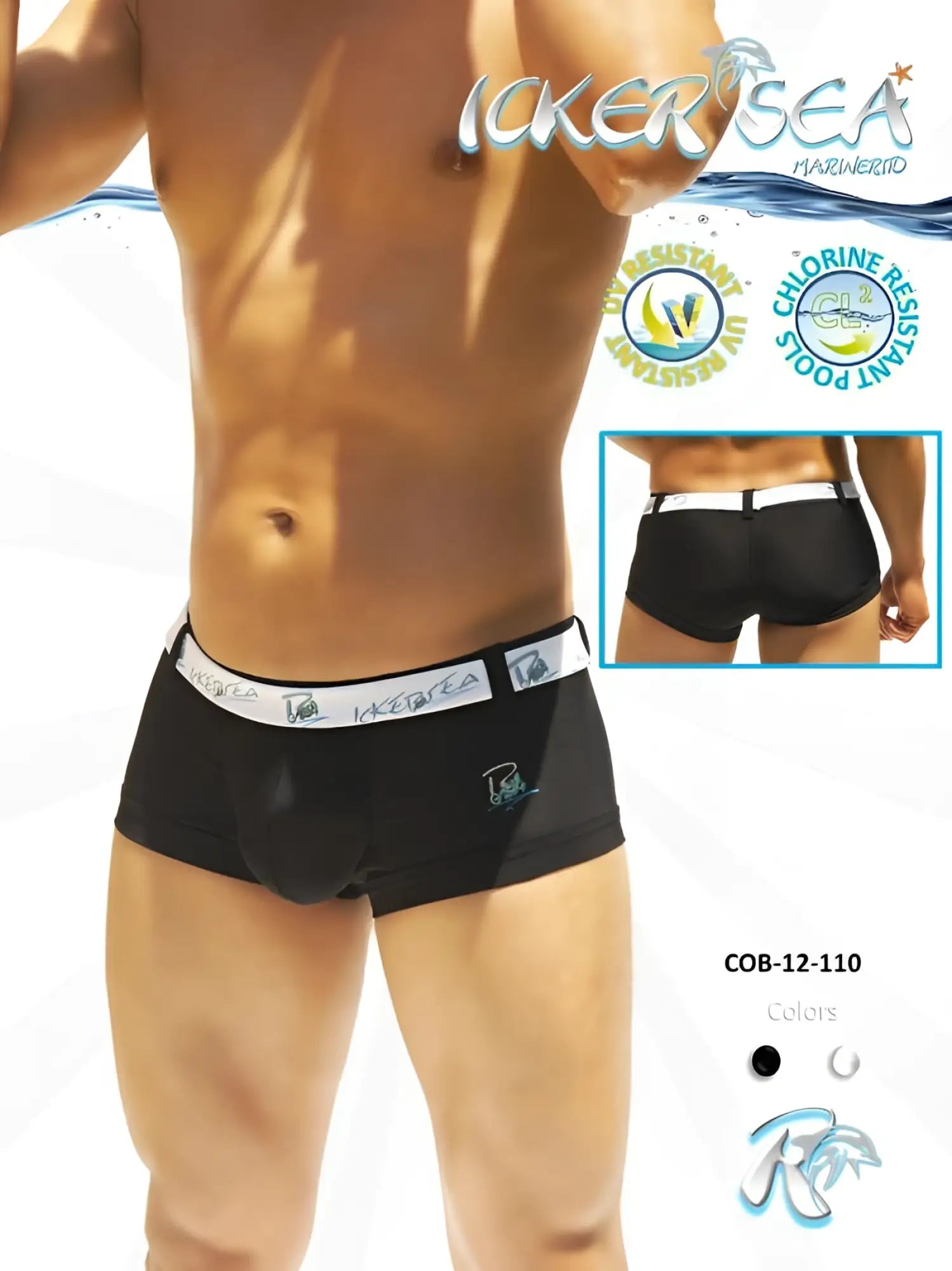 Black icker sea sailor belted logo square cut swim trunks with white elastic waistband for chlorine-resistant pool use
