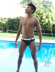 Black icker sea sailor belted logo tanga thong swimwear with white waistband and black text details