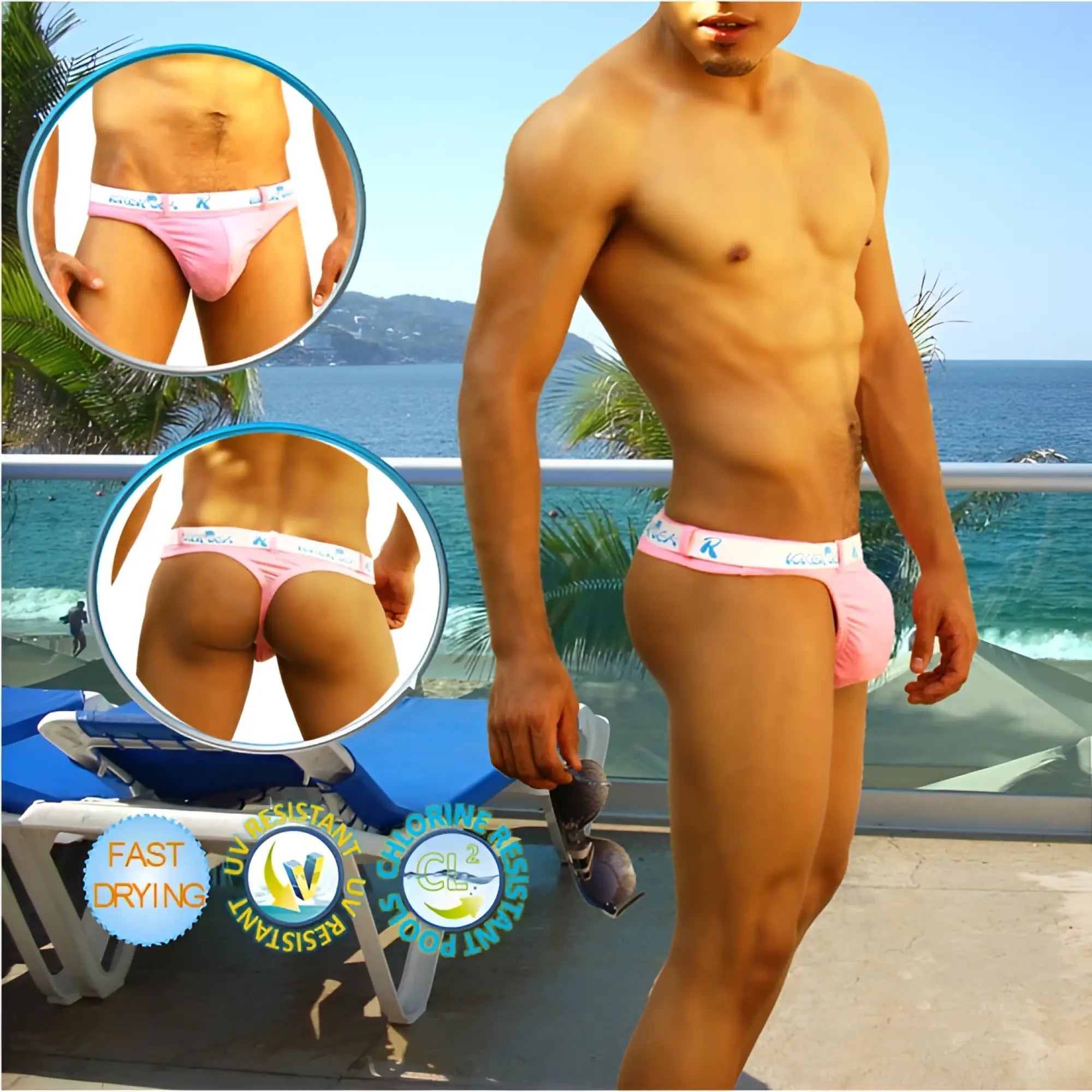 Icker Sea sailor belted logo tanga thong swimwear pink with white waistband and blue black branding for men