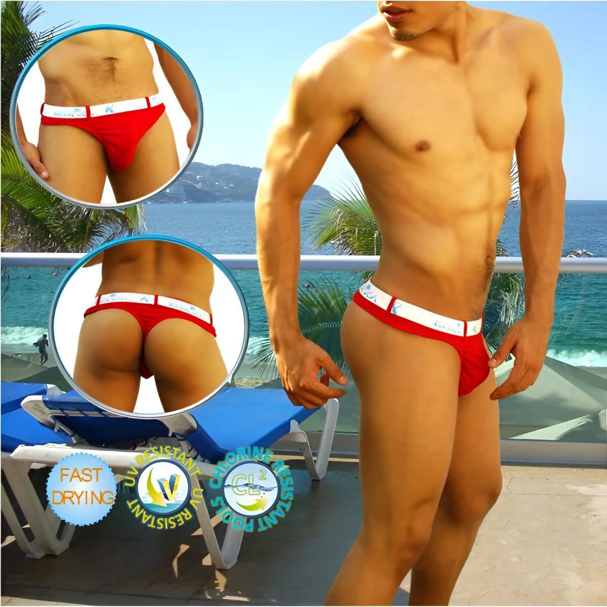 Red icker sea sailor belted logo tanga thong swimwear with white waistband and small logo in red cob-14-mt02