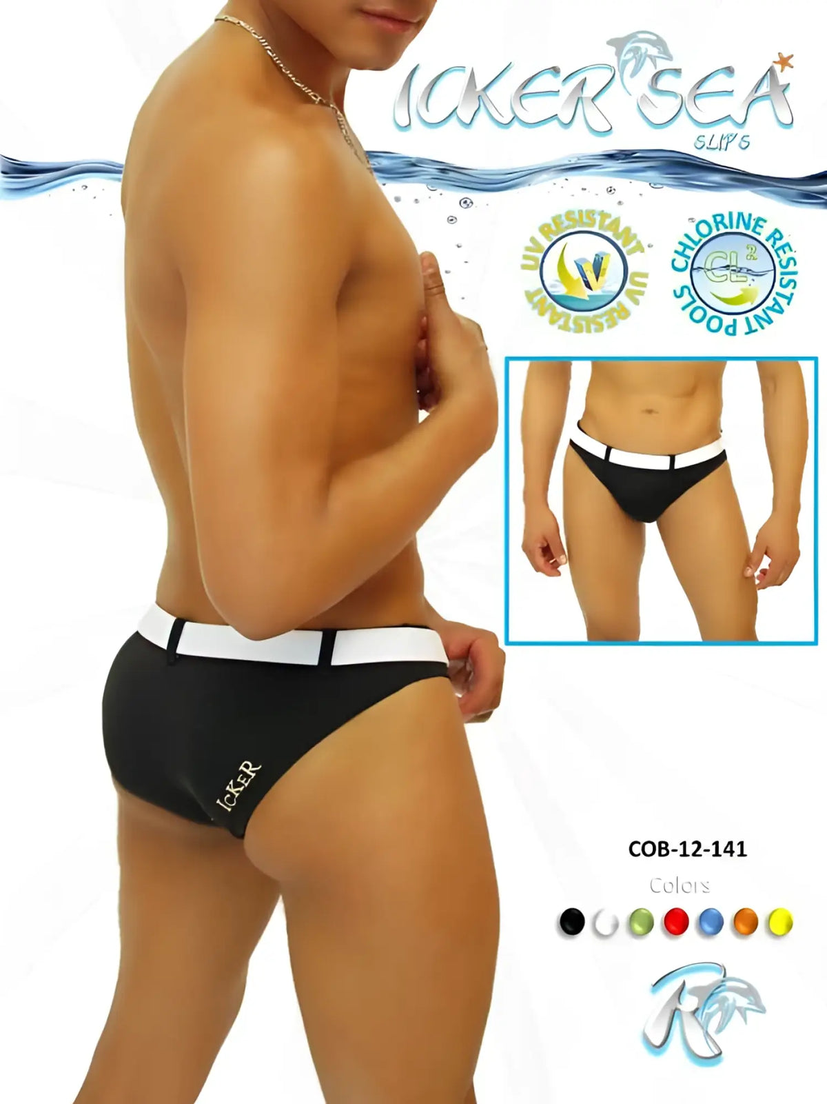 Black icker sea sailor belted slip bikini swimwear trunks with white waistband and embroidered logo on the side