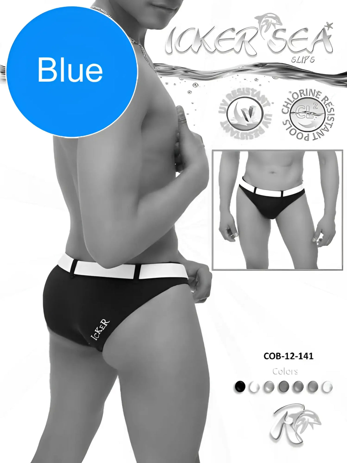 Black and white men’s swim trunks with bold white waistband from icker sea sailor belted slip bikini swimwear blue white cob-12-141