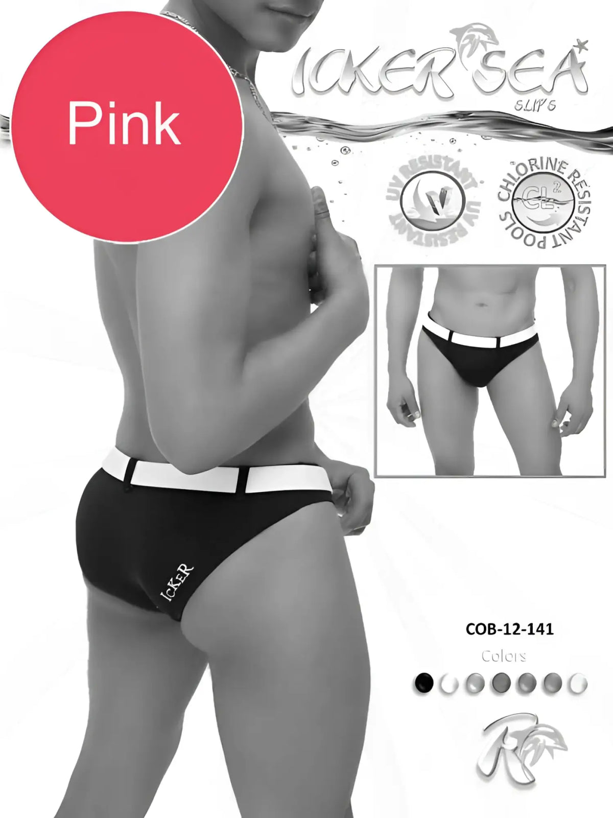 Black and white men’s swim trunks with a bold contrasting waistband from icker sea sailor belted slip bikini swimwear pink white cob 12 141