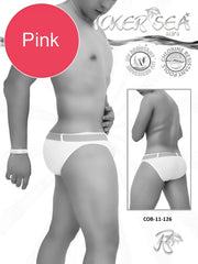 Pink men’s swim trunks with white waistband and elasticized leg openings from icker sea sailor belted slip bikini swimwear