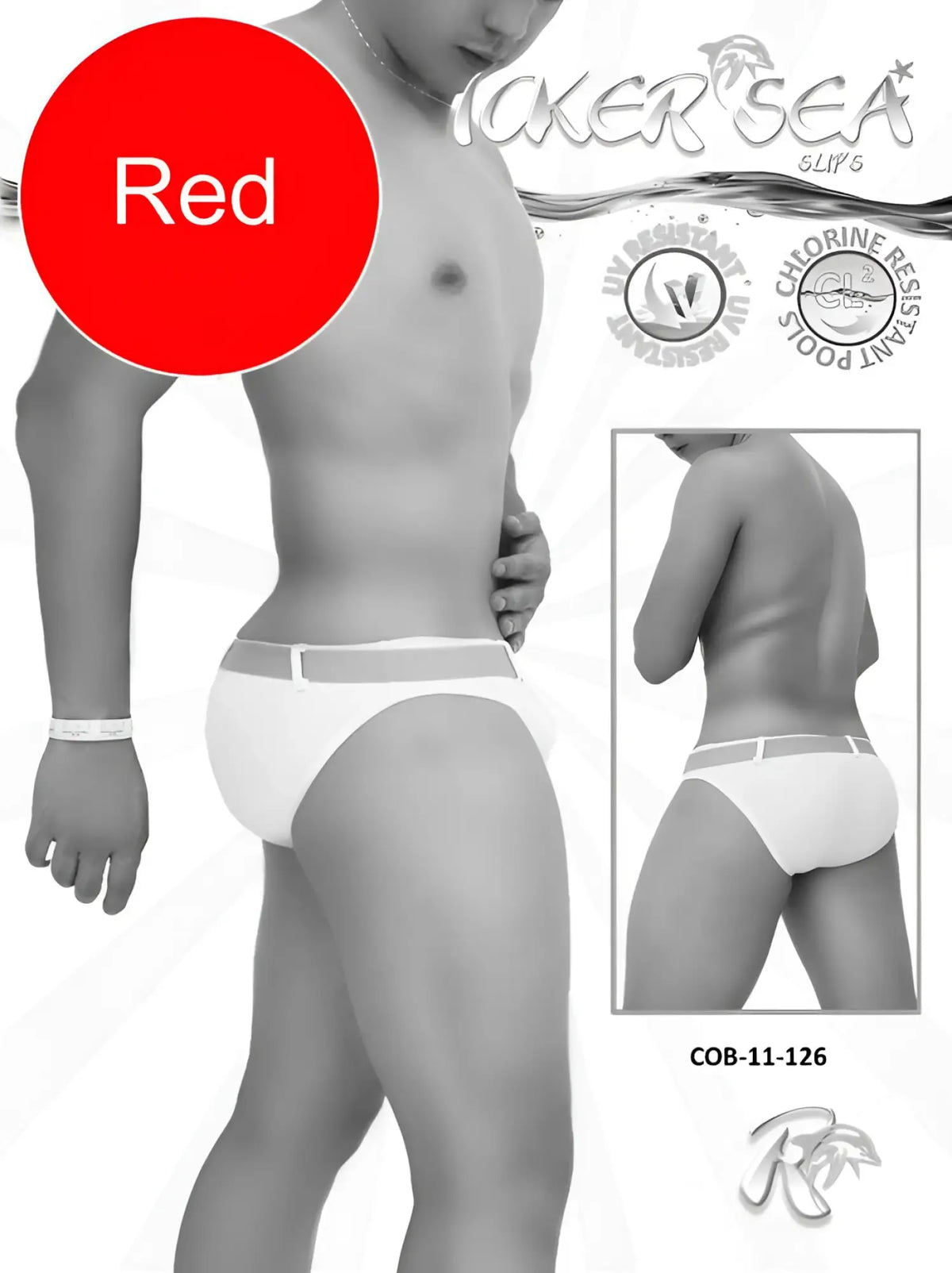 White men’s swim briefs with contrasting red waistband featuring ticker sea logo model cob-11-126 in white red