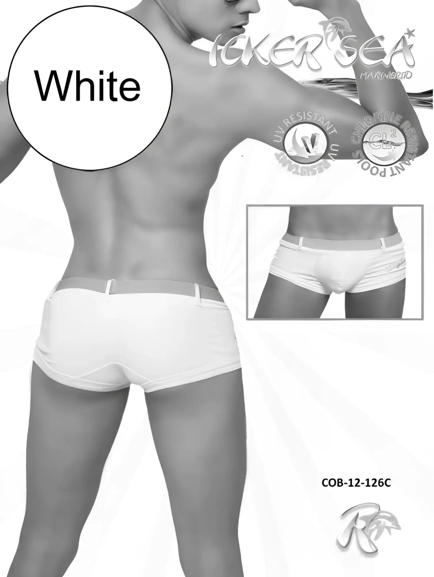 White men’s icker sea sailor belted square cut trunk swimwear with elastic waistband and fitted design