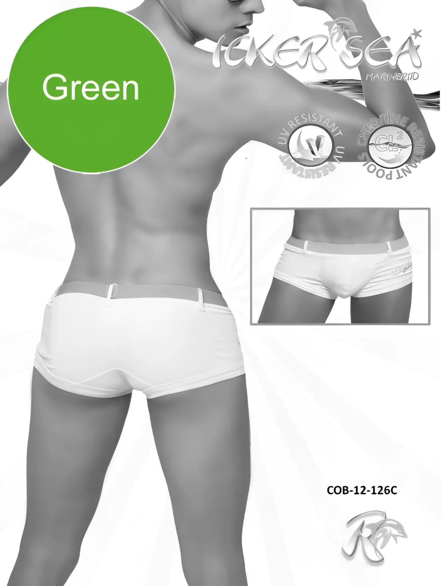 Icker sea sailor belted square cut trunk swimwear white briefs with green color indicator circle and brand logo