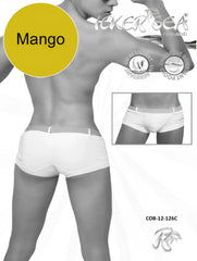White icker sea sailor belted square cut trunk swimwear with subtle striped mango waistband and logo on front