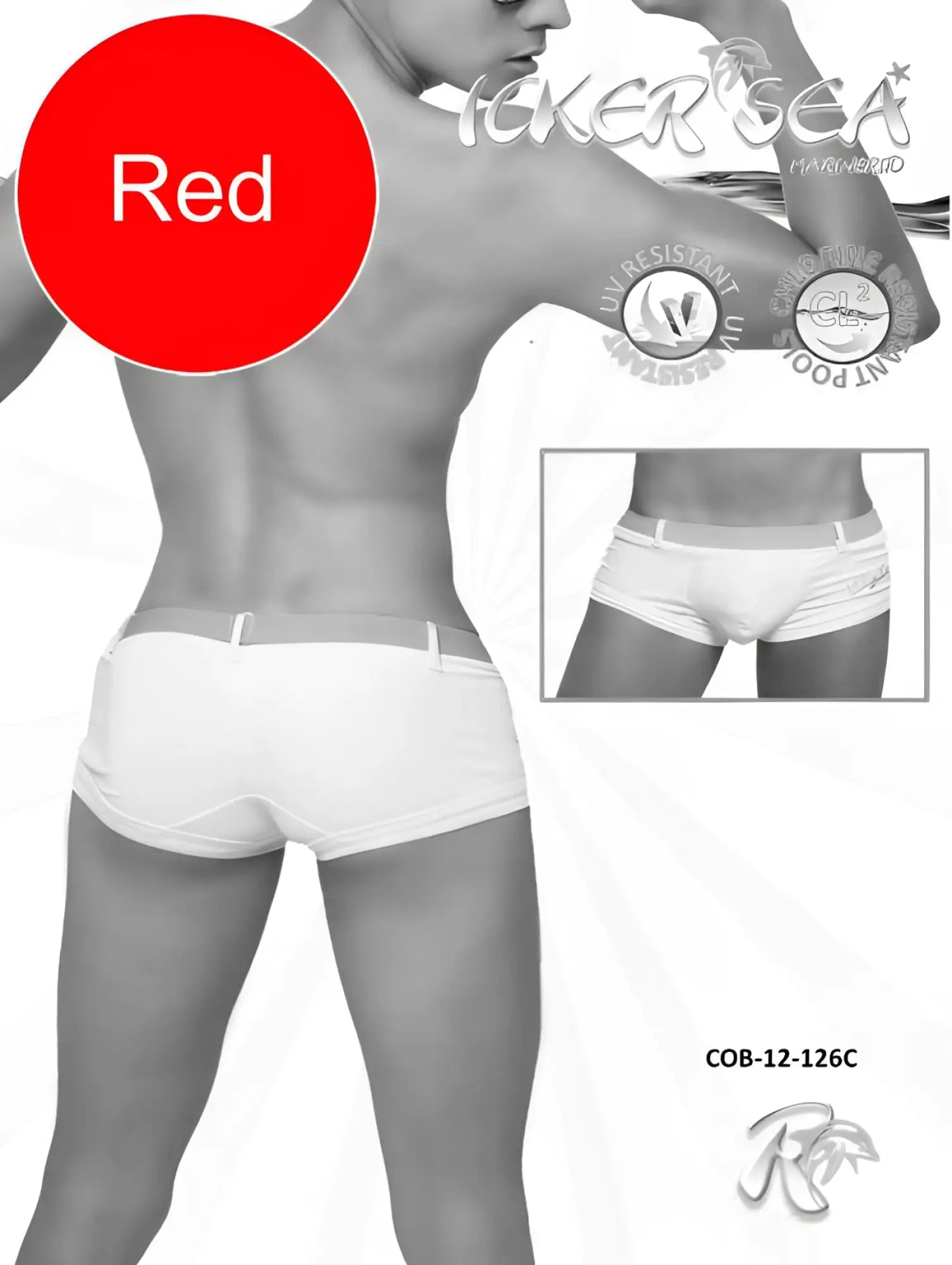 Red men’s icker sea sailor belted square cut swim trunks with sleek white design elastic waistband side pockets