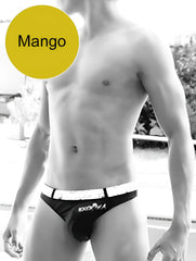 Black briefs with white waistband featuring exotica logo in black lettering from icker sea sailor belted tanga thong swimwear mango cob 13 07