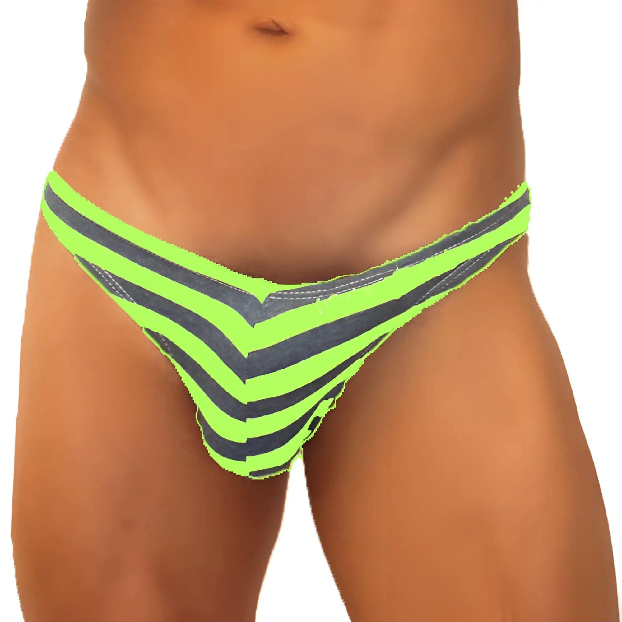 Bright neon green and dark gray denim-like Icker Sea Sailor Stripe enhancement C-ring thong underwear front view