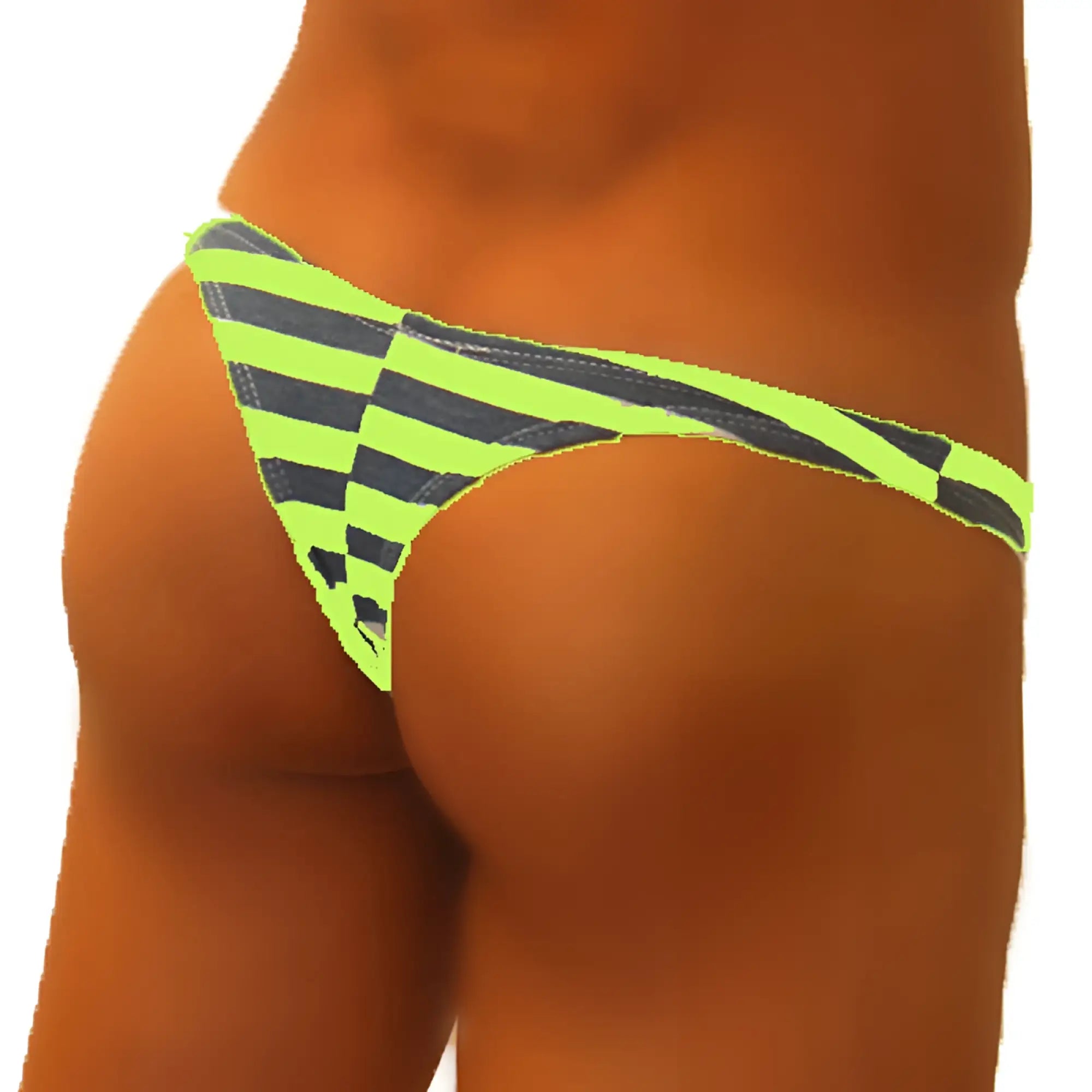Neon green and black striped checkered thong underwear with enhancement c-ring design by icker sea sailor