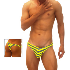 Icker Sea sailor stripe enhancement C-ring thong underwear in bright yellow and black chevron pattern mango color