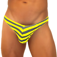 Vibrant yellow and dark gray chevron-striped thong underwear made of denim-like fabric by icker sea sailor stripe enhancement