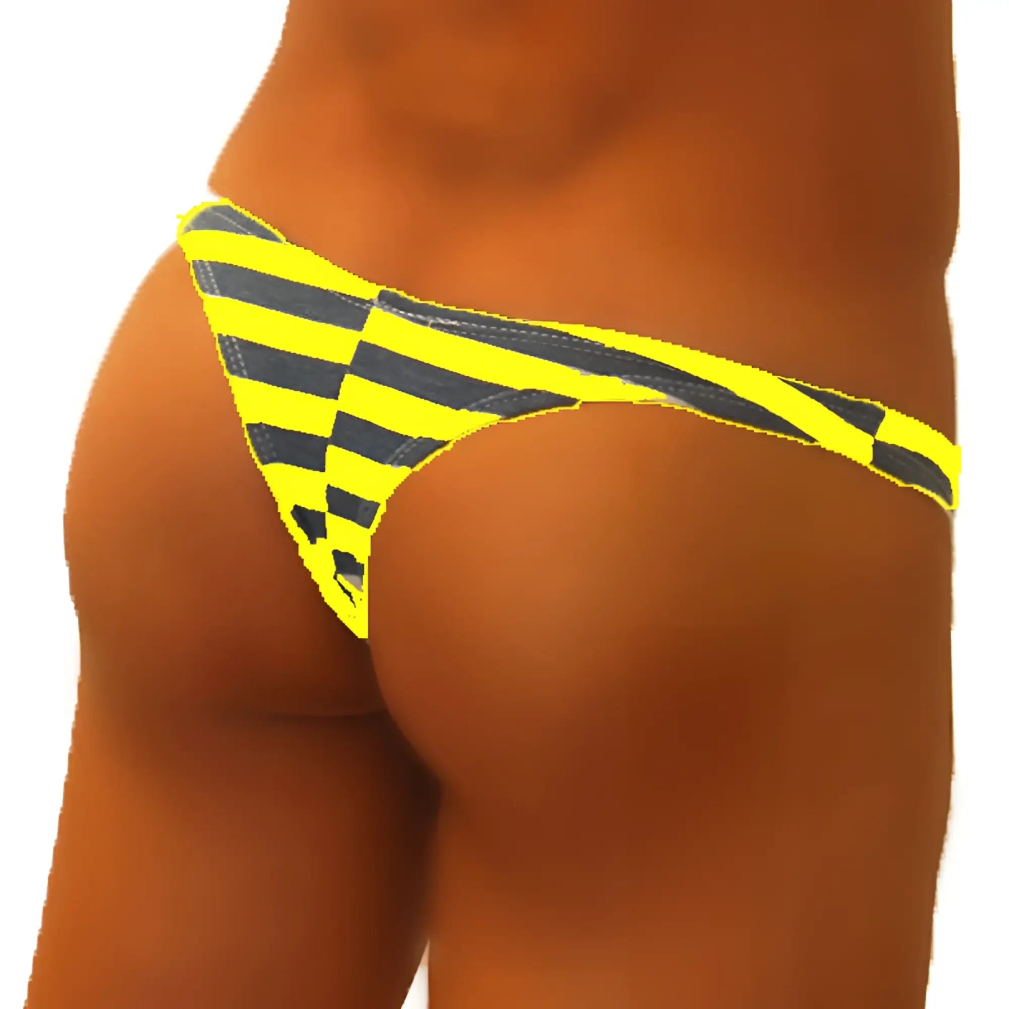 Icker Sea sailor stripe enhancement C ring thong underwear in bright yellow and black striped checkered pattern
