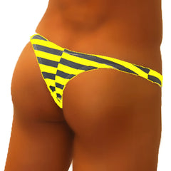 Icker Sea sailor stripe enhancement C ring thong underwear in bright yellow and black striped checkered pattern