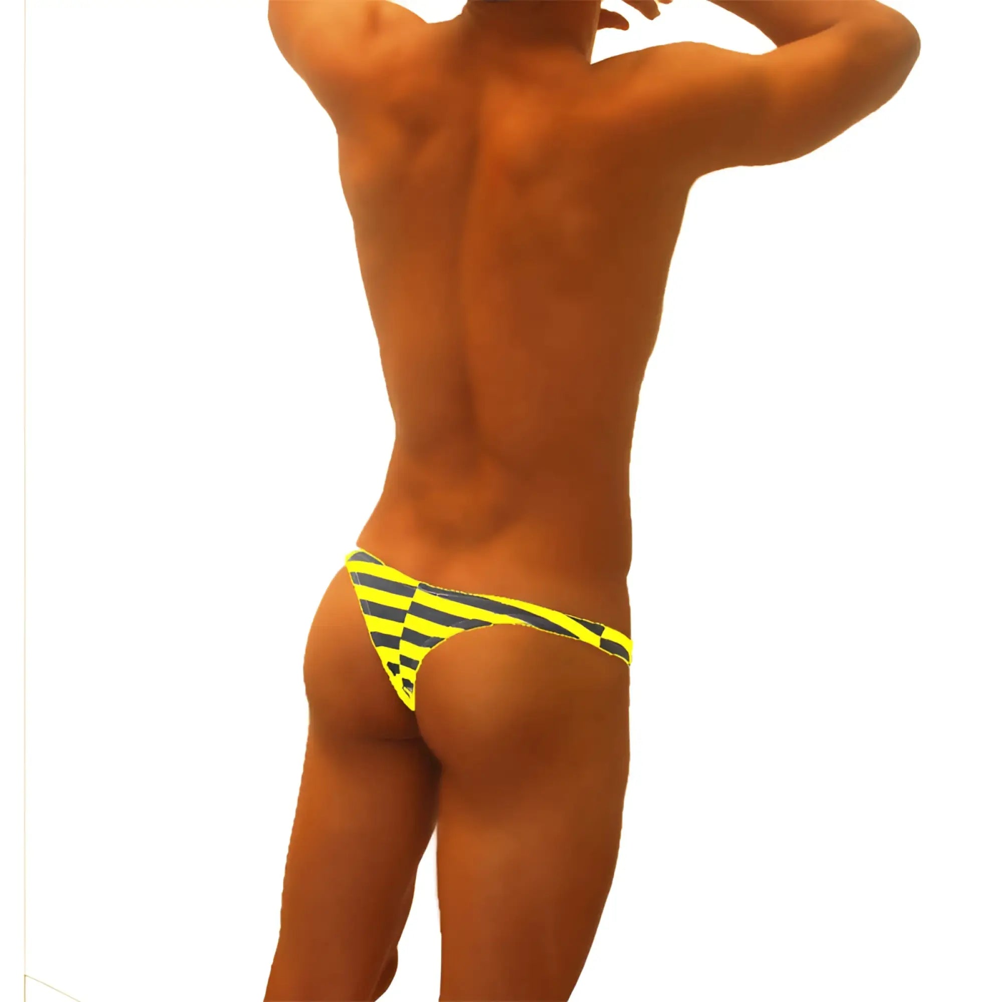 Icker Sea Sailor stripe enhancement C-ring thong underwear in bright yellow and black with bold diagonal swim trunks pattern