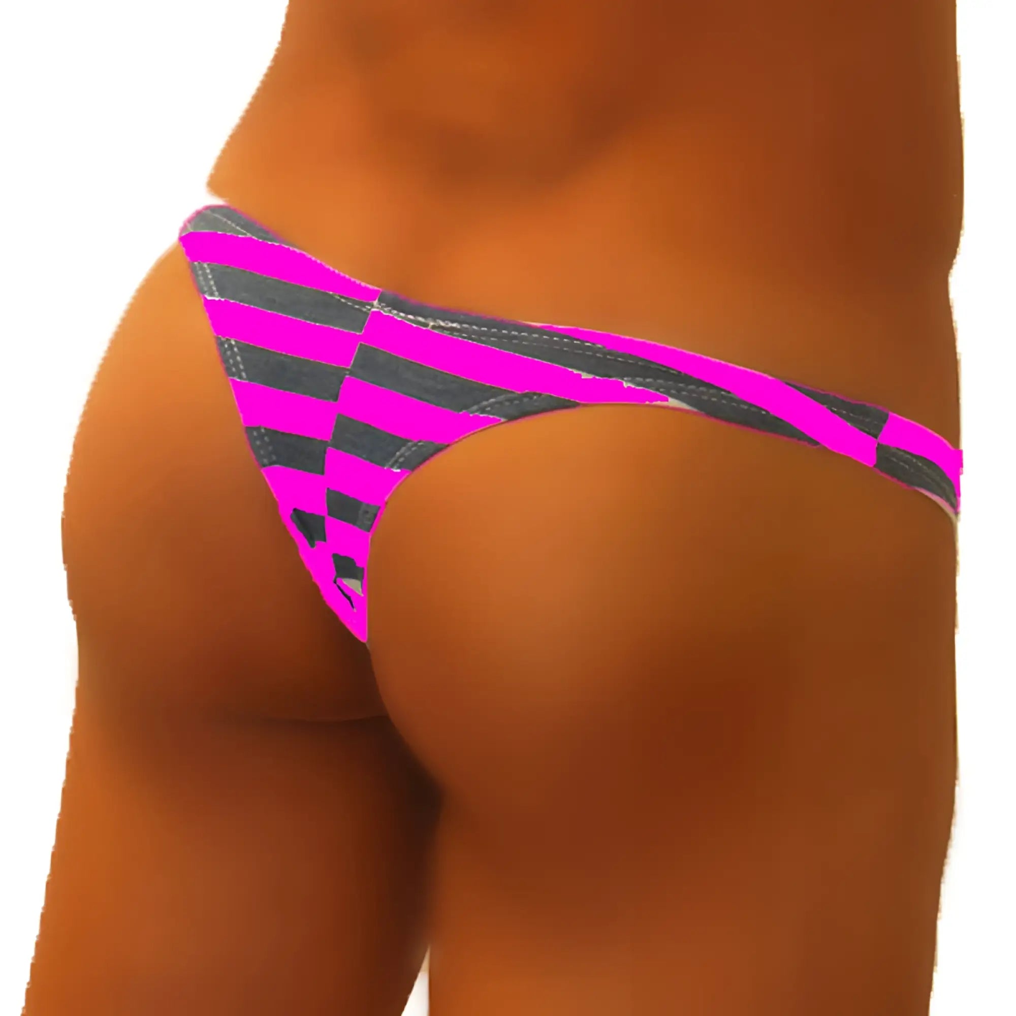 Icker sea sailor stripe enhancement c-ring thong underwear in bright pink and black striped pattern front view